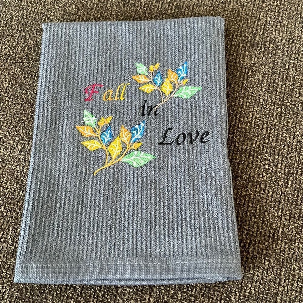 Custom Embroidered Gray Cotton Barmop Towel “Fall in Love”- flaws